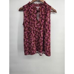 LOFT Womens Small Maroon Pink Floral Ruffle Neck Keyhole Sleeveless‎ Shell Top